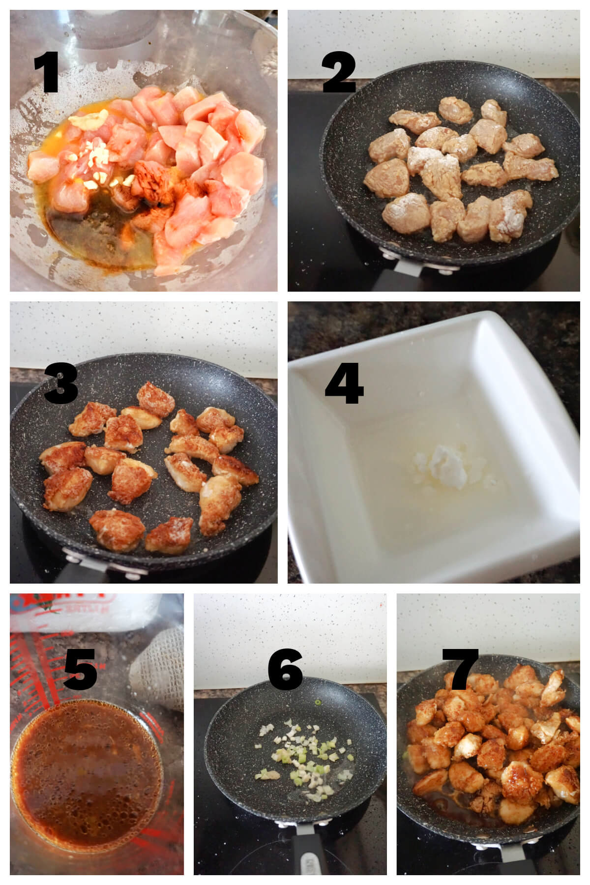 Collage of 7 photos to show how to make orange chicken.