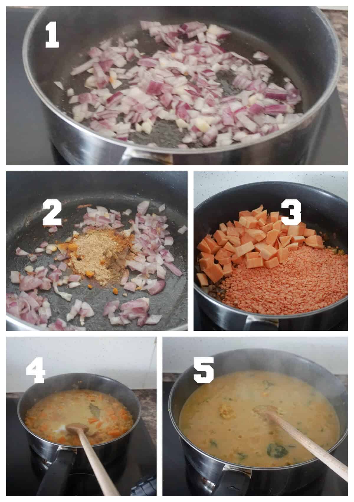 Collage of 5 photos to show how to make red lentil dahl.