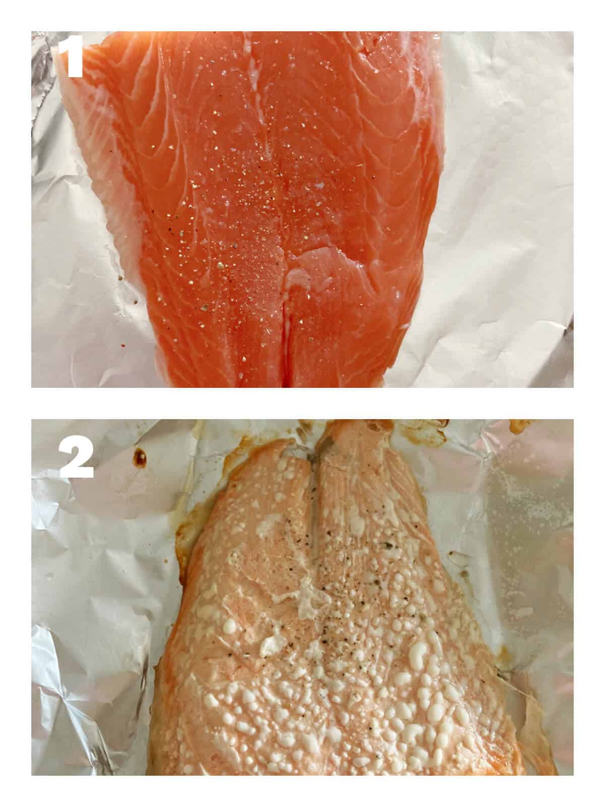 Collage of 2 photos to show how to cook the salmon for alfredo pasta.