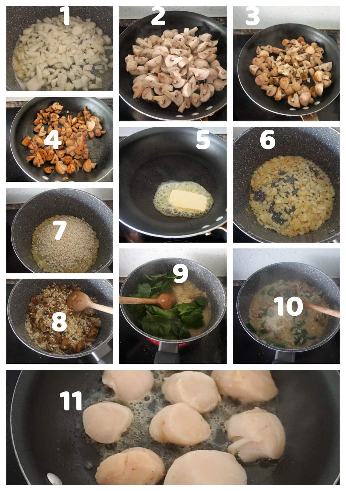 Collage of 11 pictures to show how to make mushroom risotto with seared scallops