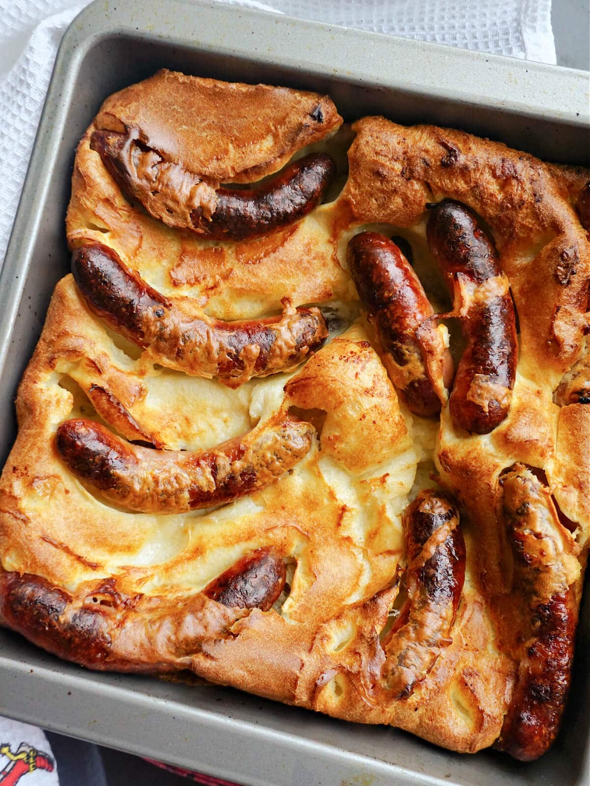 Overhead shot of a tray with toad in the hole.