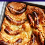 Overhesd shot of a pan with toad in the hole
