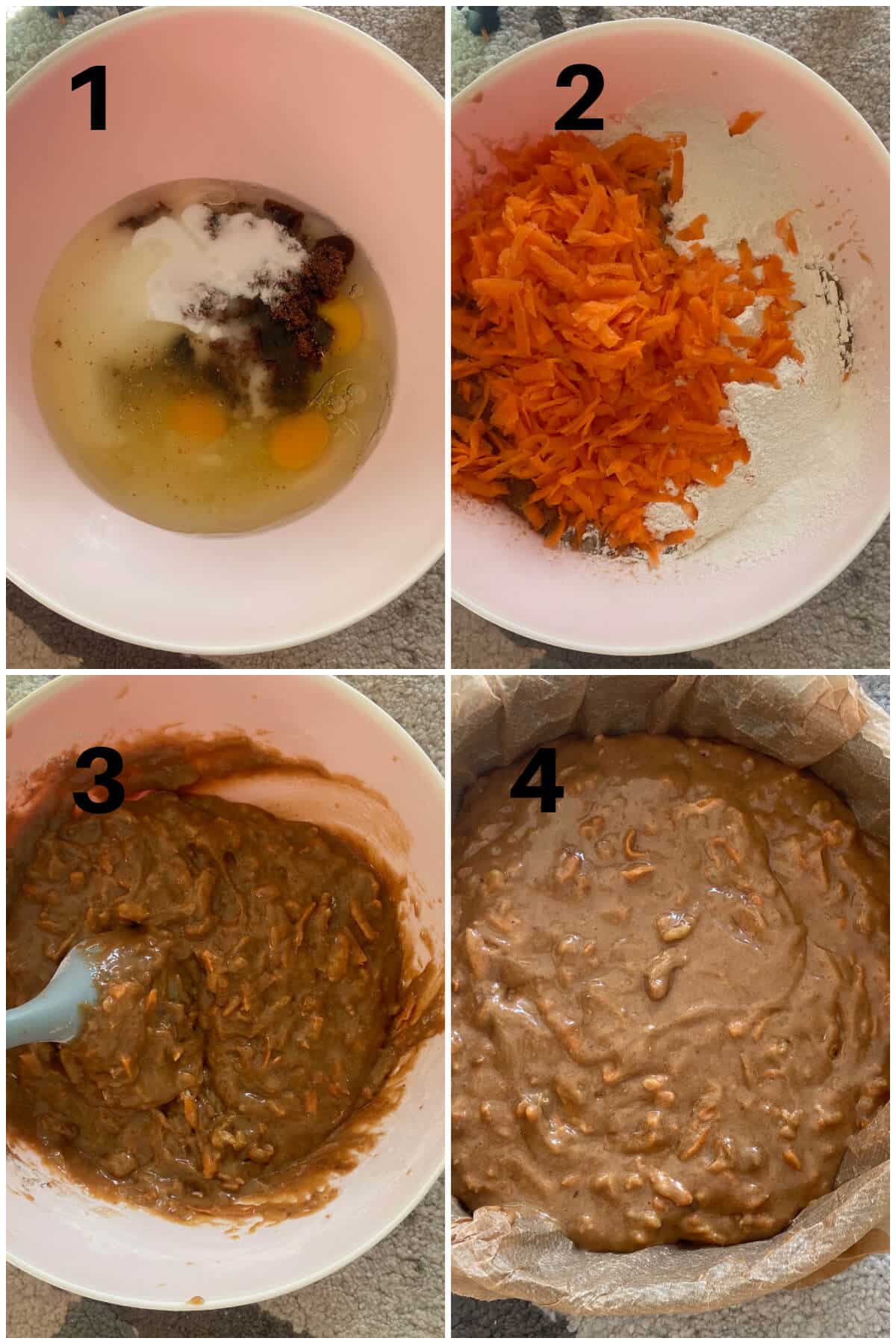 Collage of 4 photos to show how to make carrot cake.