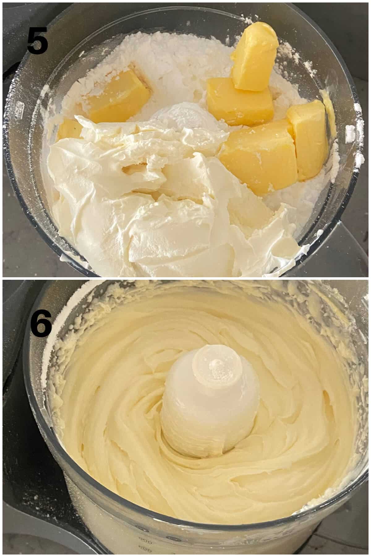Collage of 2 photos to show how to make cream cheese icing.