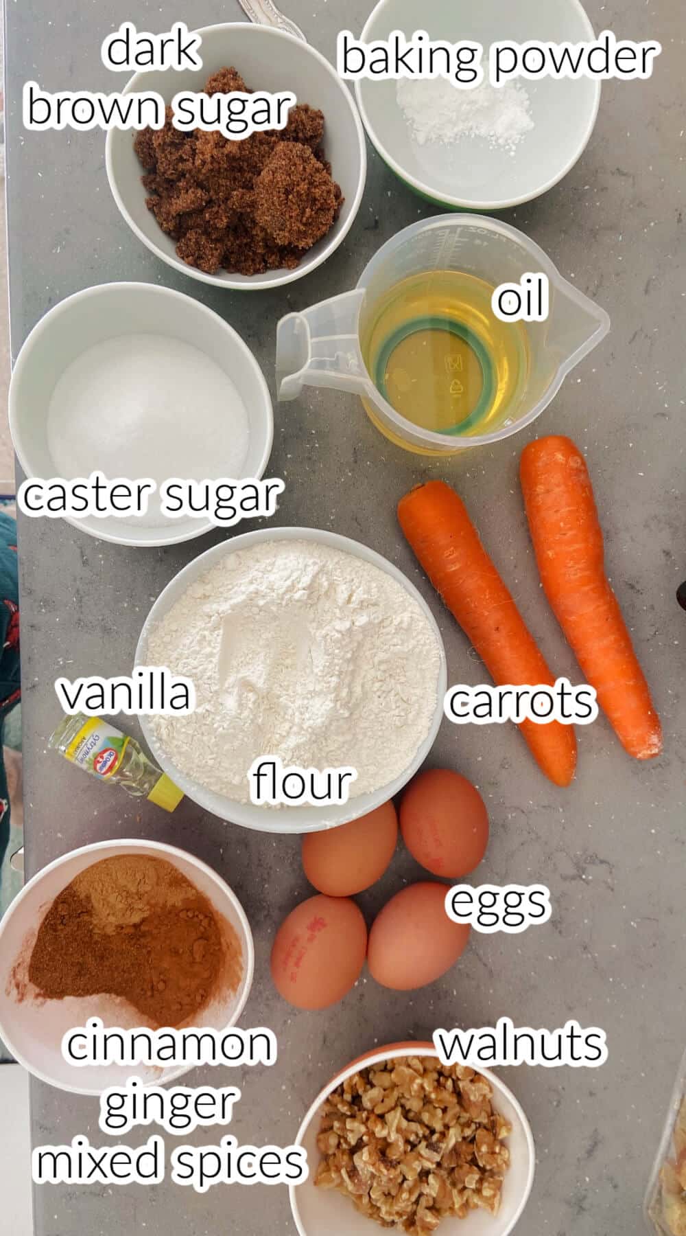 Ingredients needed to make carrot cake.