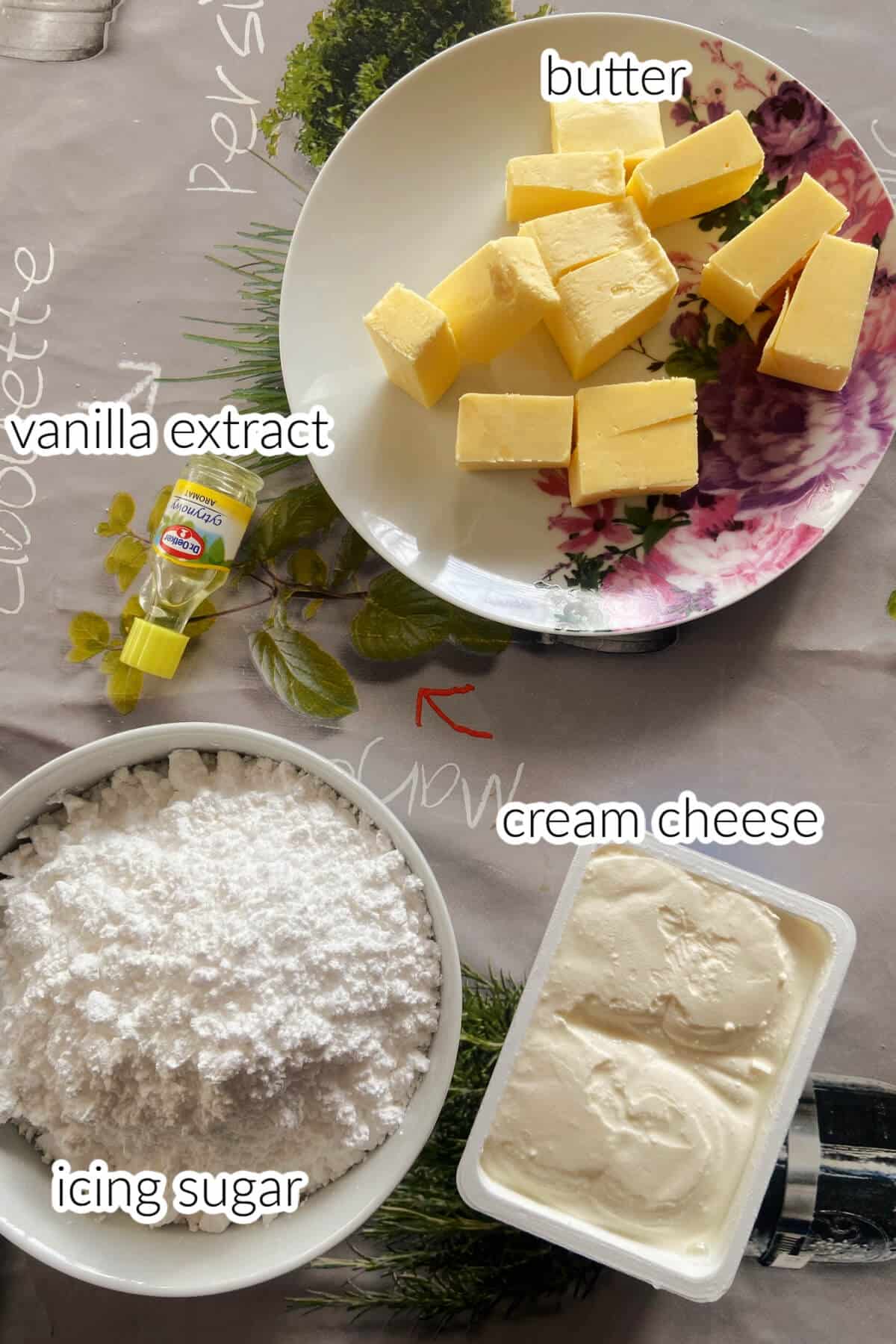 Ingredients needed to make cream cheese frosting.