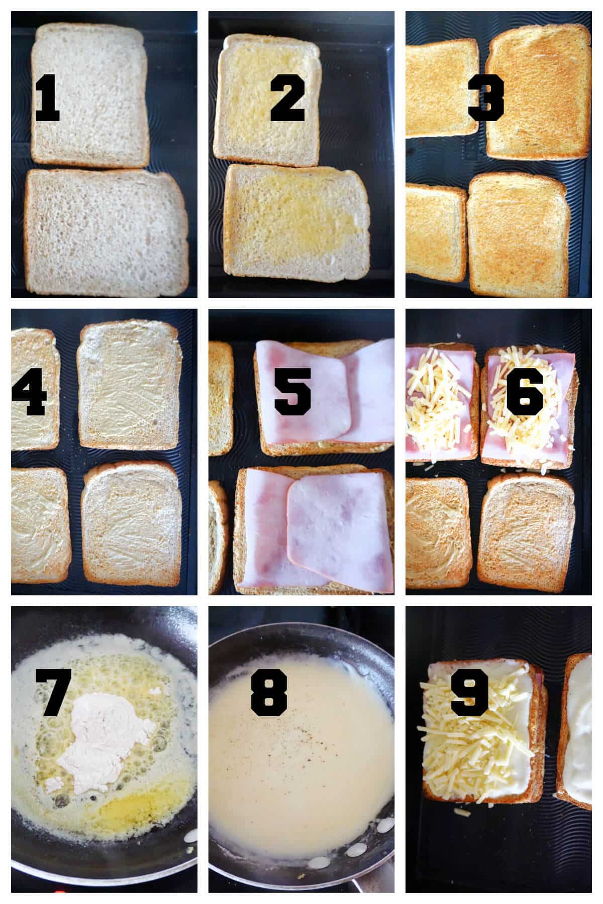 Collage of 9 images to show how to make croque monsieur.