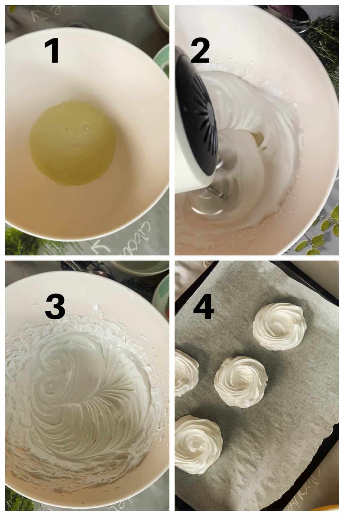 Collage of 4 photos to show how to make meringue nests.