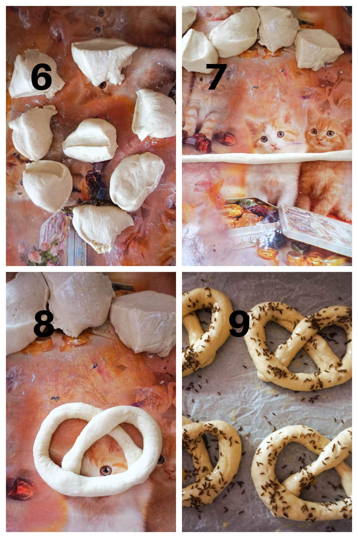 Collage of 4 photos to show how to make pretzels.