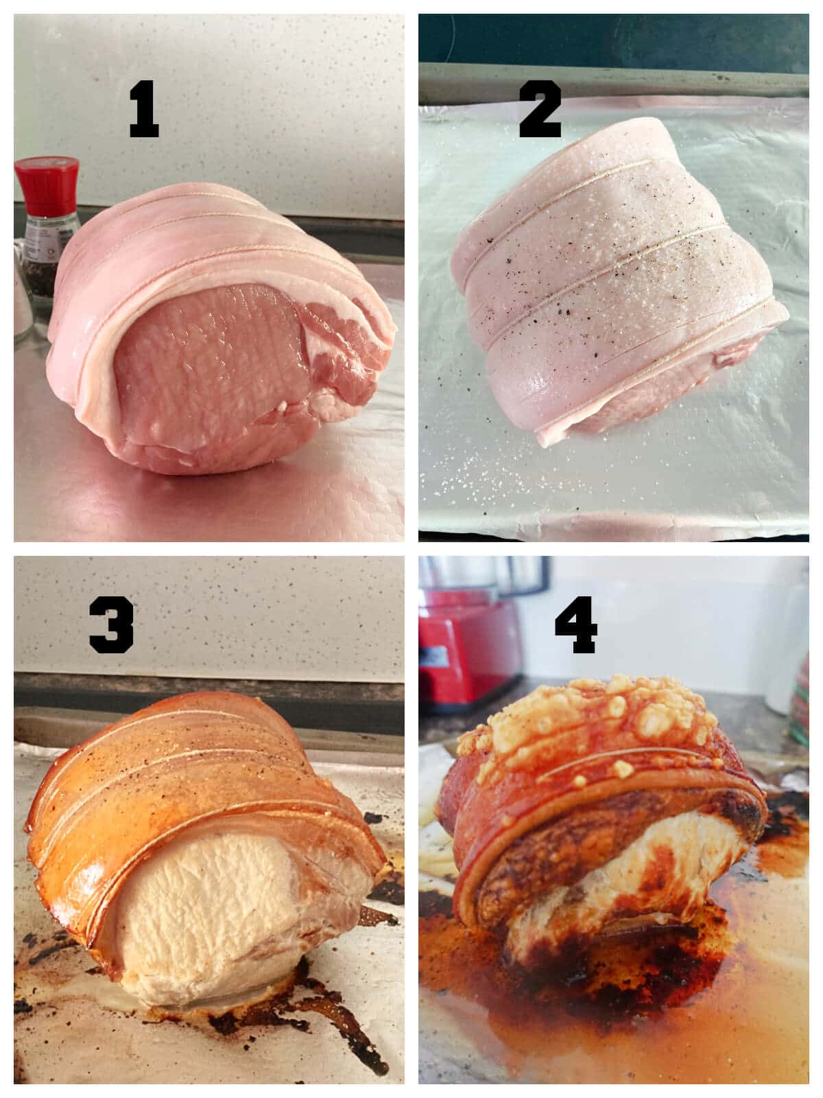 Collage of 4 photos to show how to roast pork with crackling.