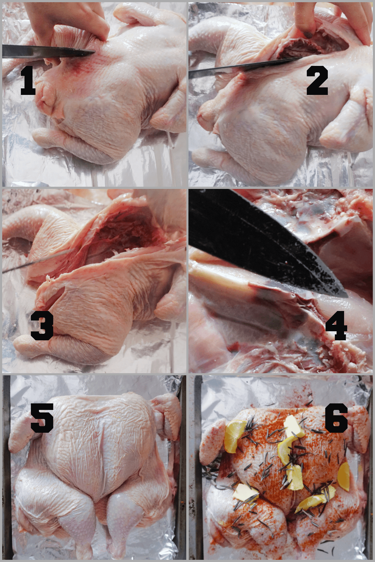 Collection of 6 photos to show how to sptachcock a chicken.