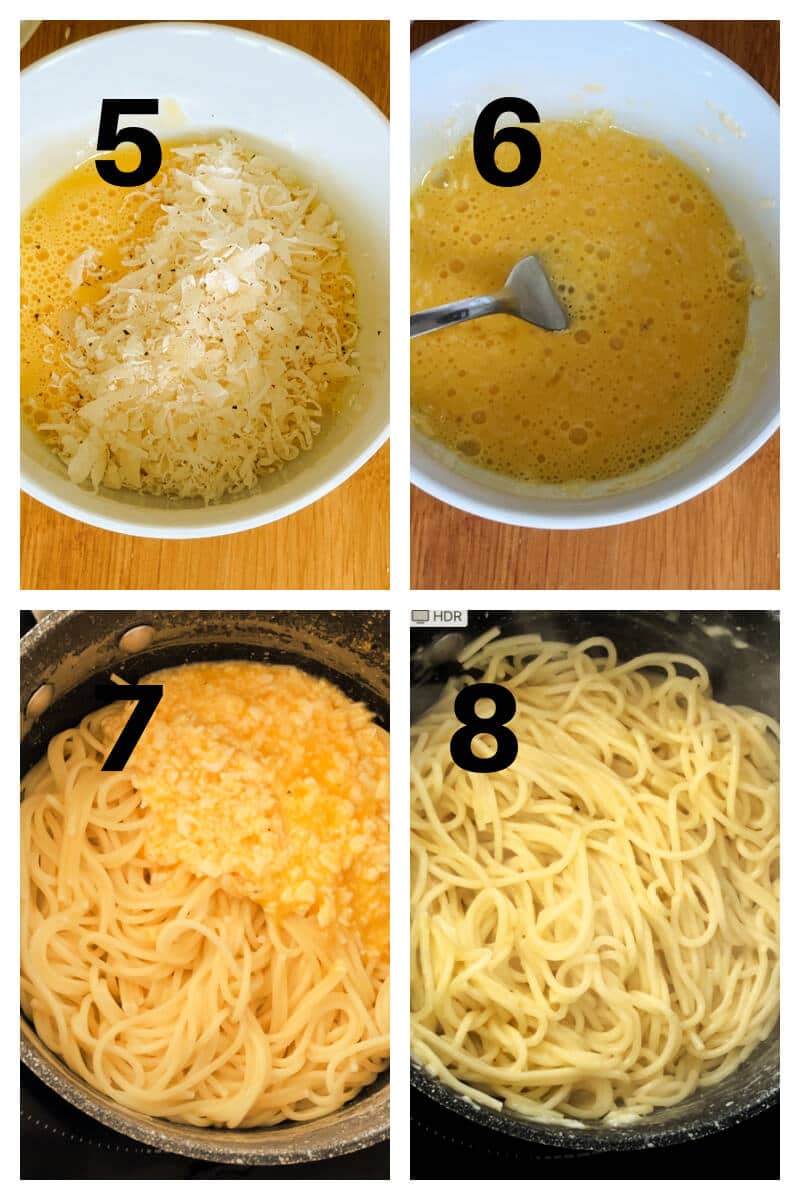 Collage of 4 photos to show how to make salmon carbonara.