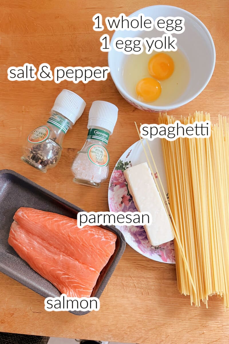 Ingredients used to make salmon carbonara.