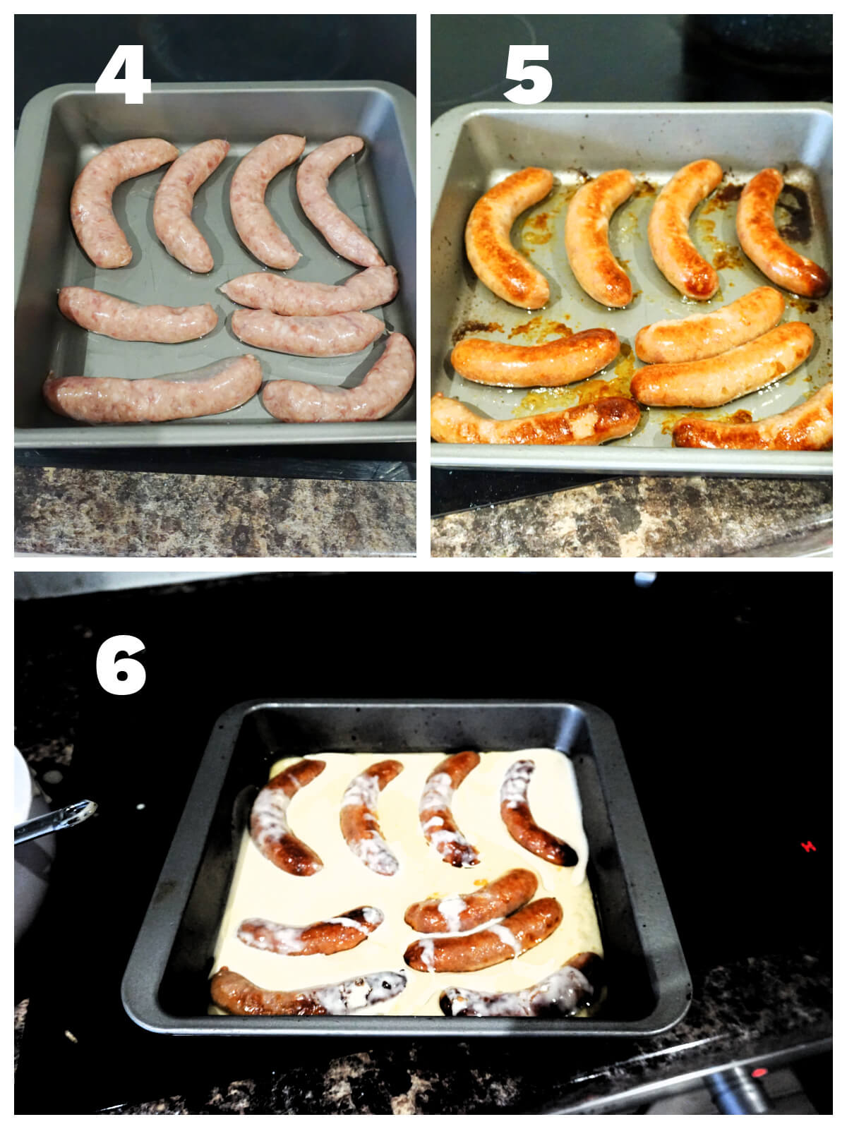 Collage of 3 photos to show how to make toad in the hole.