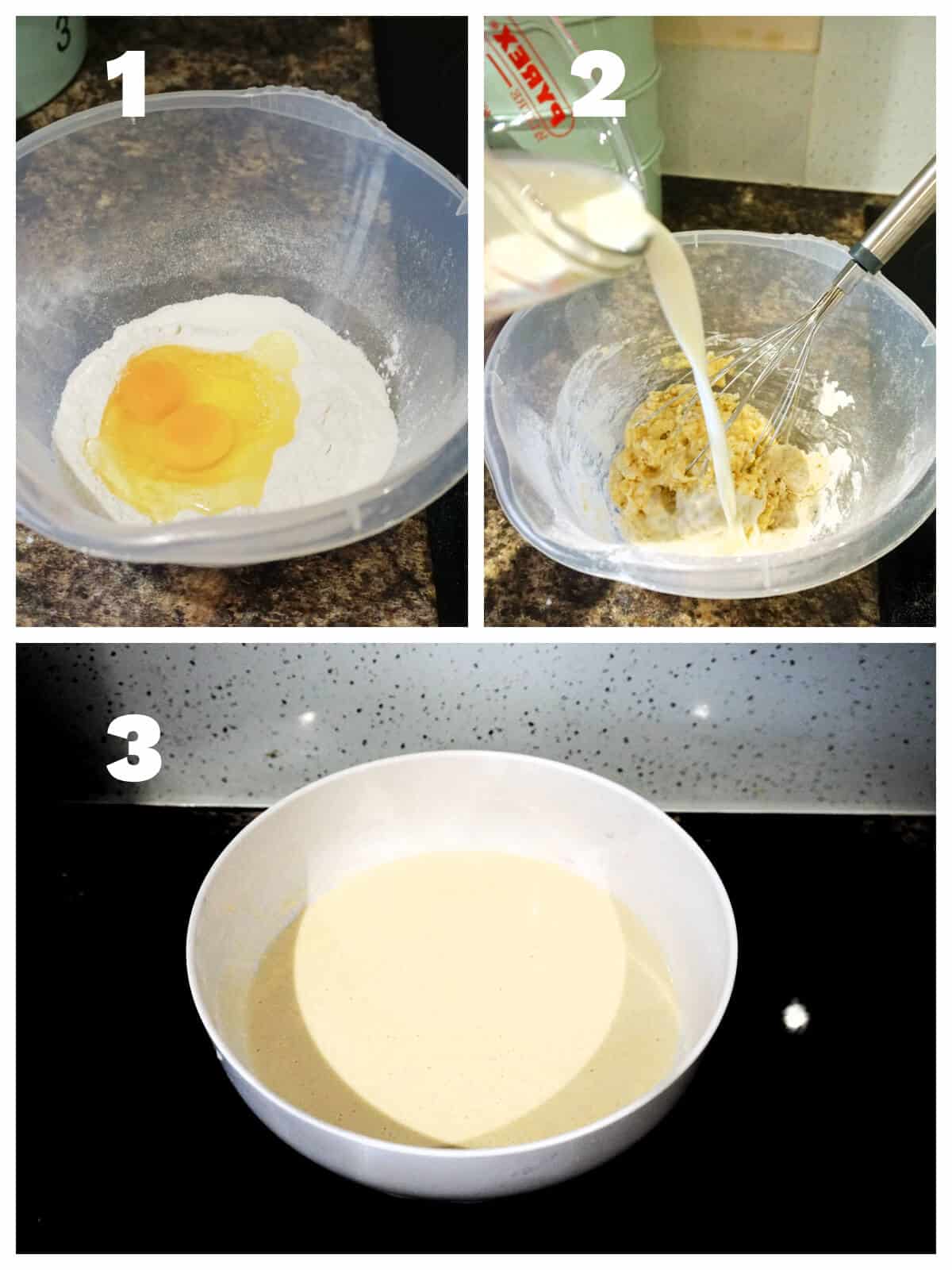 Collage of 3 photos to show how to make the batter for toad in the hole.