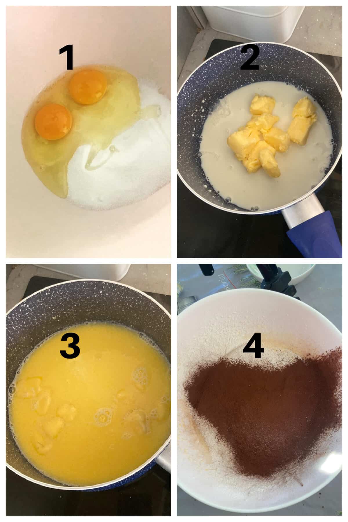 Collage of 4 photos to show how to make creme egg cupcakes.