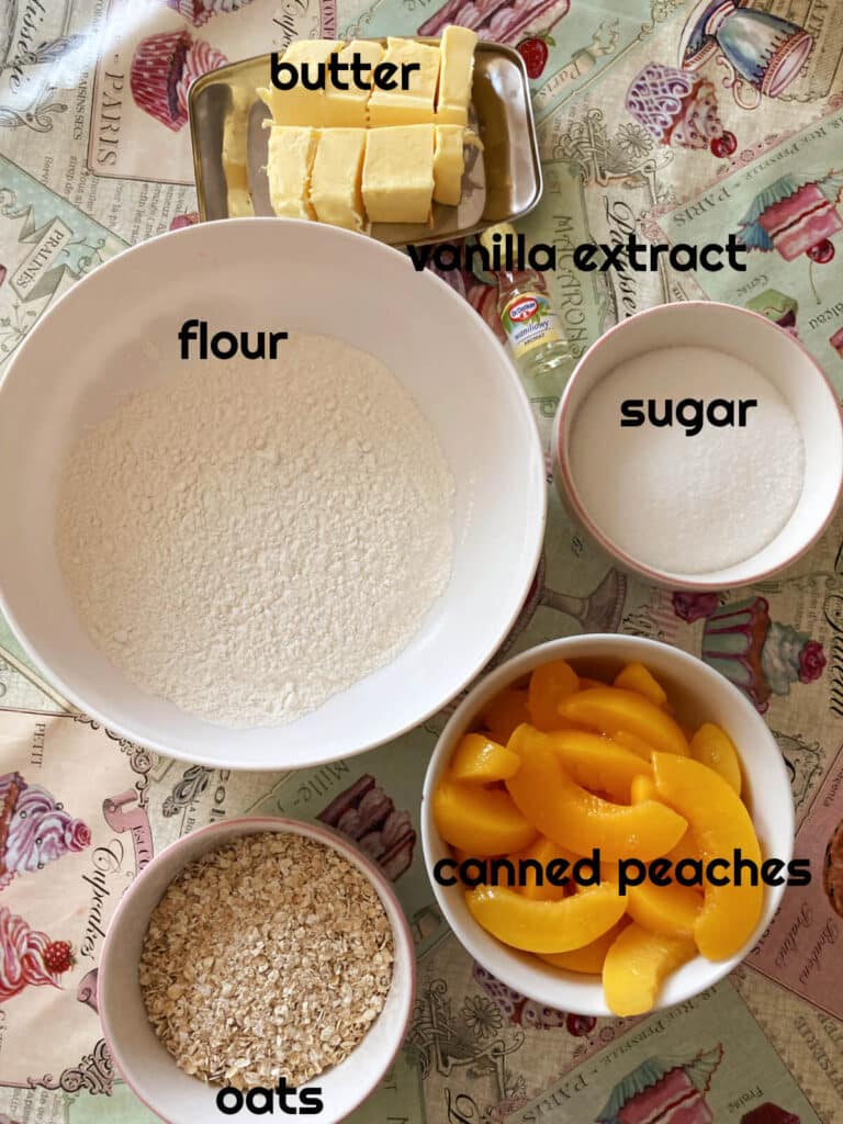Overhead shoot of ingredients needed for canned peach crumble