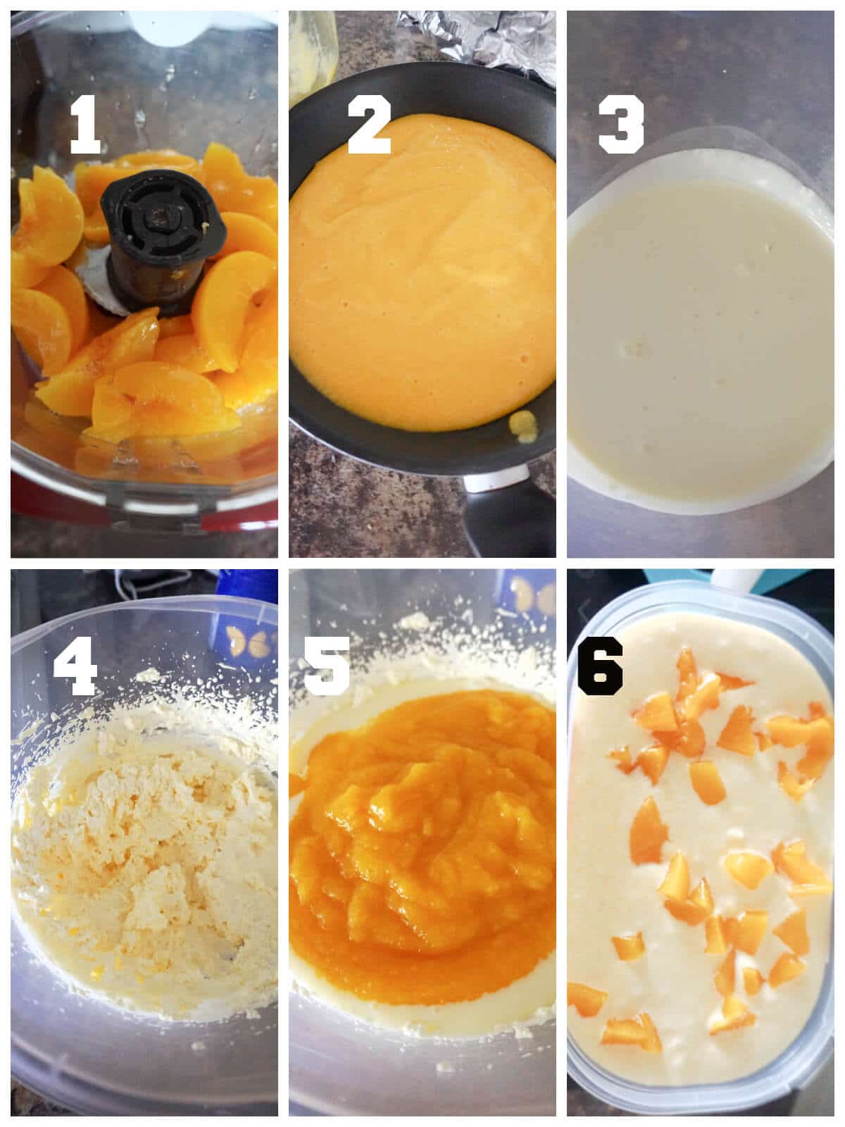 Collage of 6 photos to show how to make peach ice cream at home.