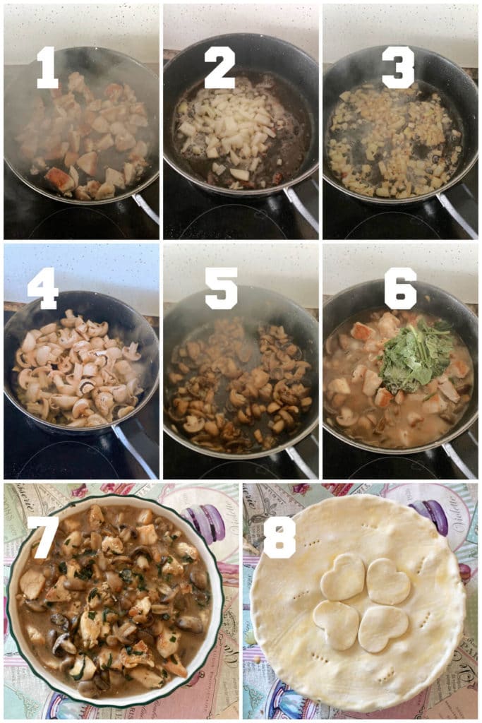 Collage of 8 photos to show how to make chicken and mushroom pie