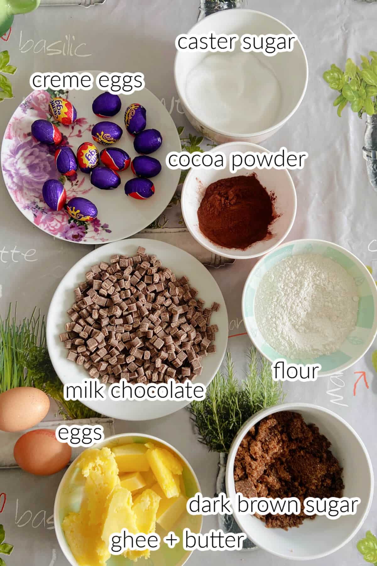 Ingredients used to make creme egg brownies.