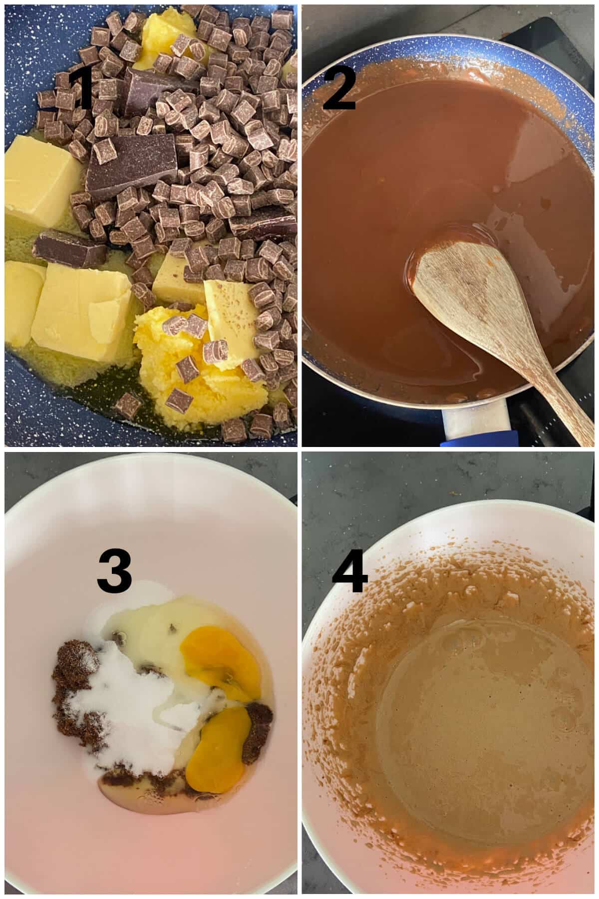 Collage of 4 photos to show how to make brownies with creme eggs.