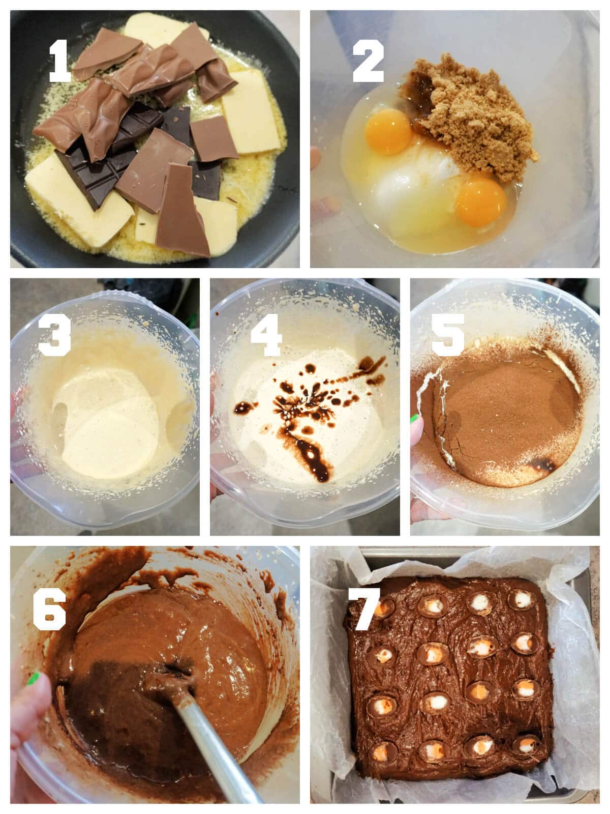 Collage of 7 photos to show how to make creme egg brownies