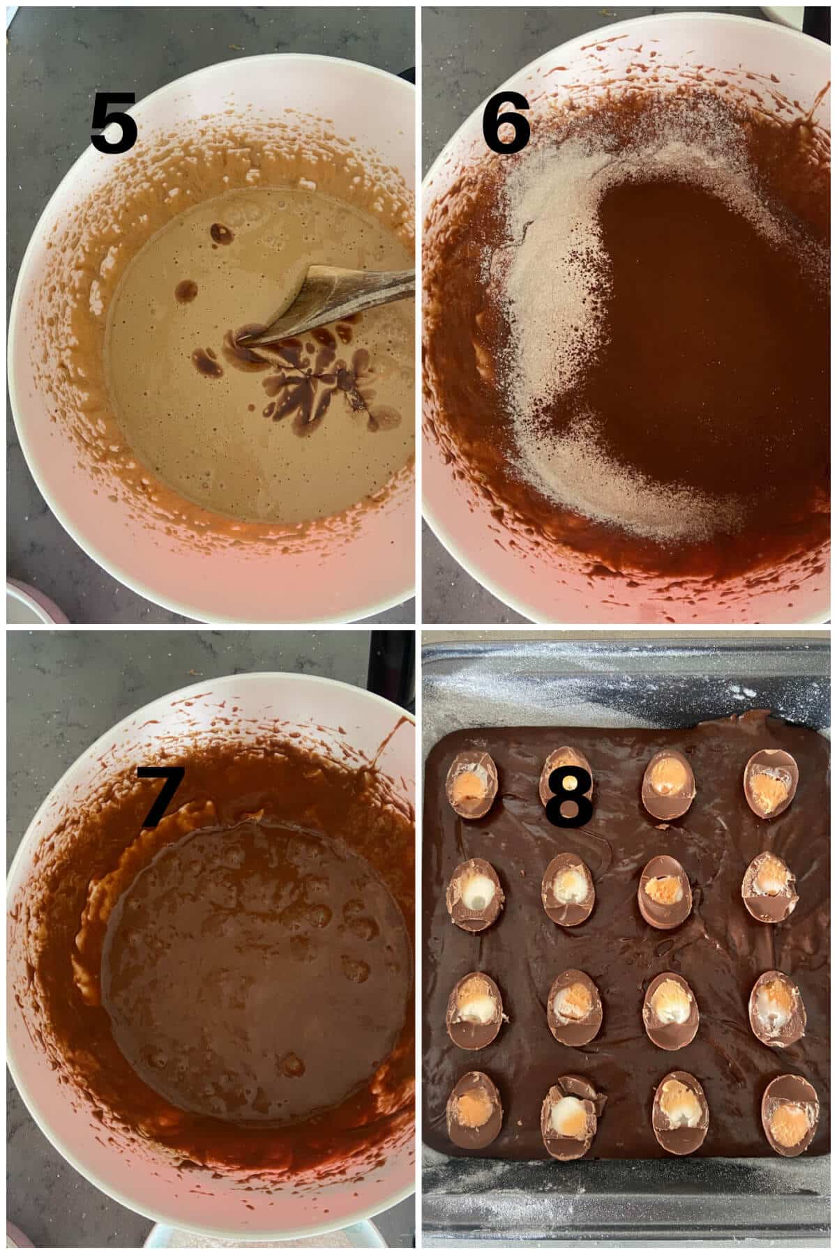 Collage of 4 photos to show how to make brownies with chocolate eggs.