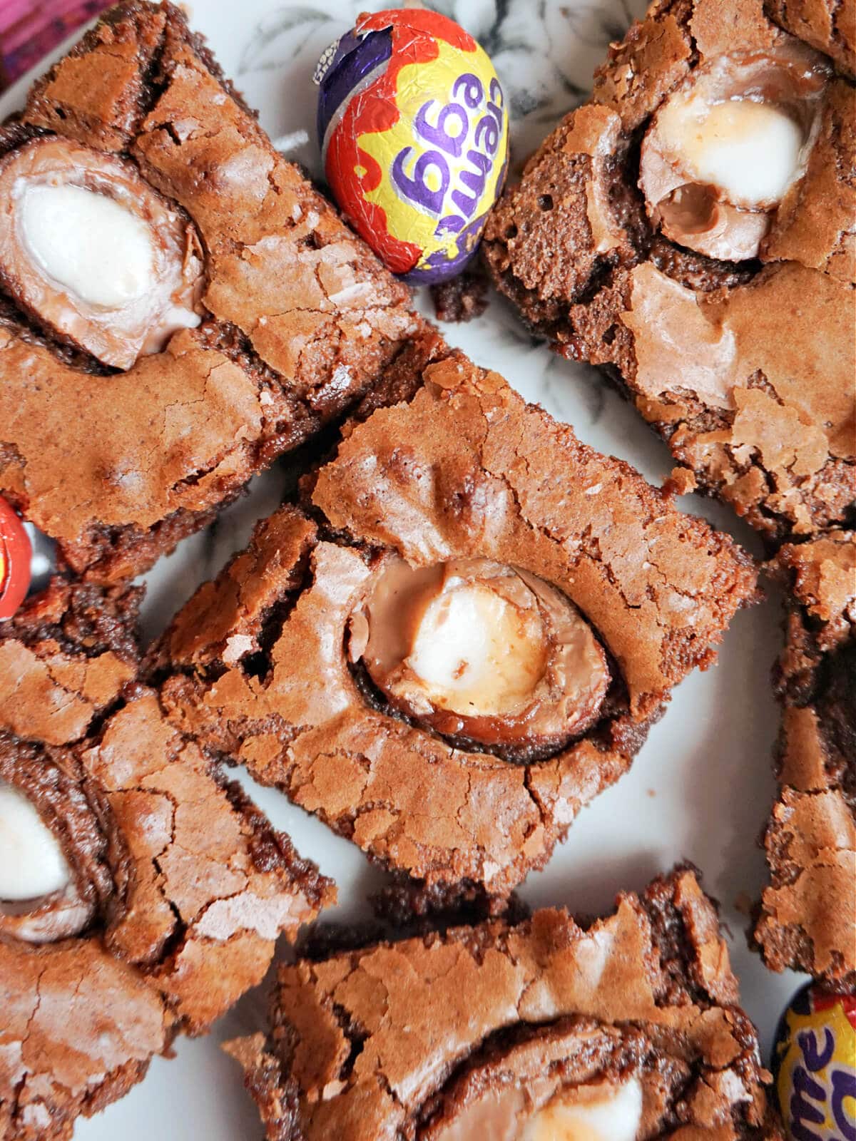 Overhead shot of creme egg brownie slices