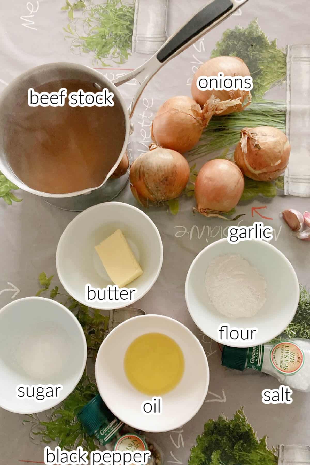 Ingredients needed to make onion soup.