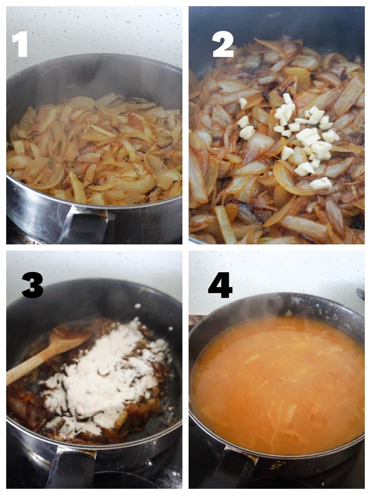 Collage of 4 photos to show how to make onion soup.