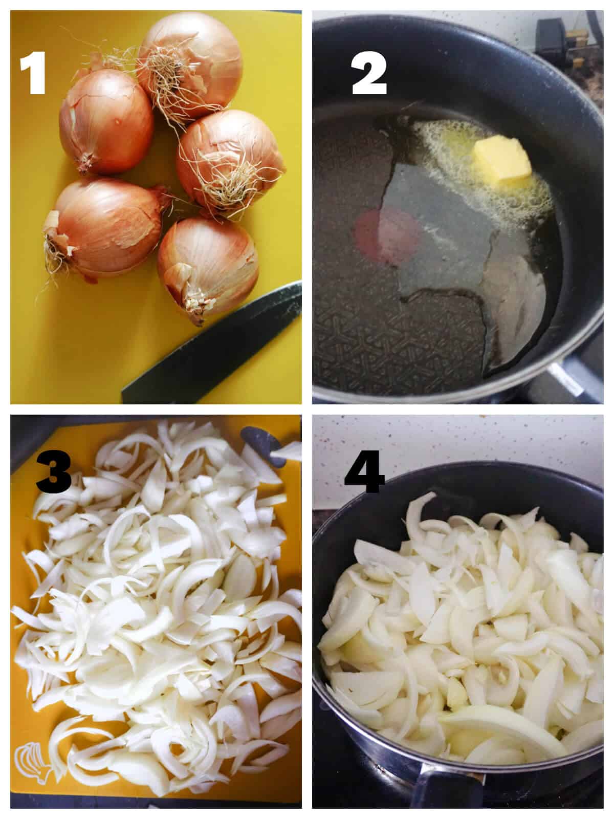 Collage of 4 photos to show how to fry the onions for onion soup.