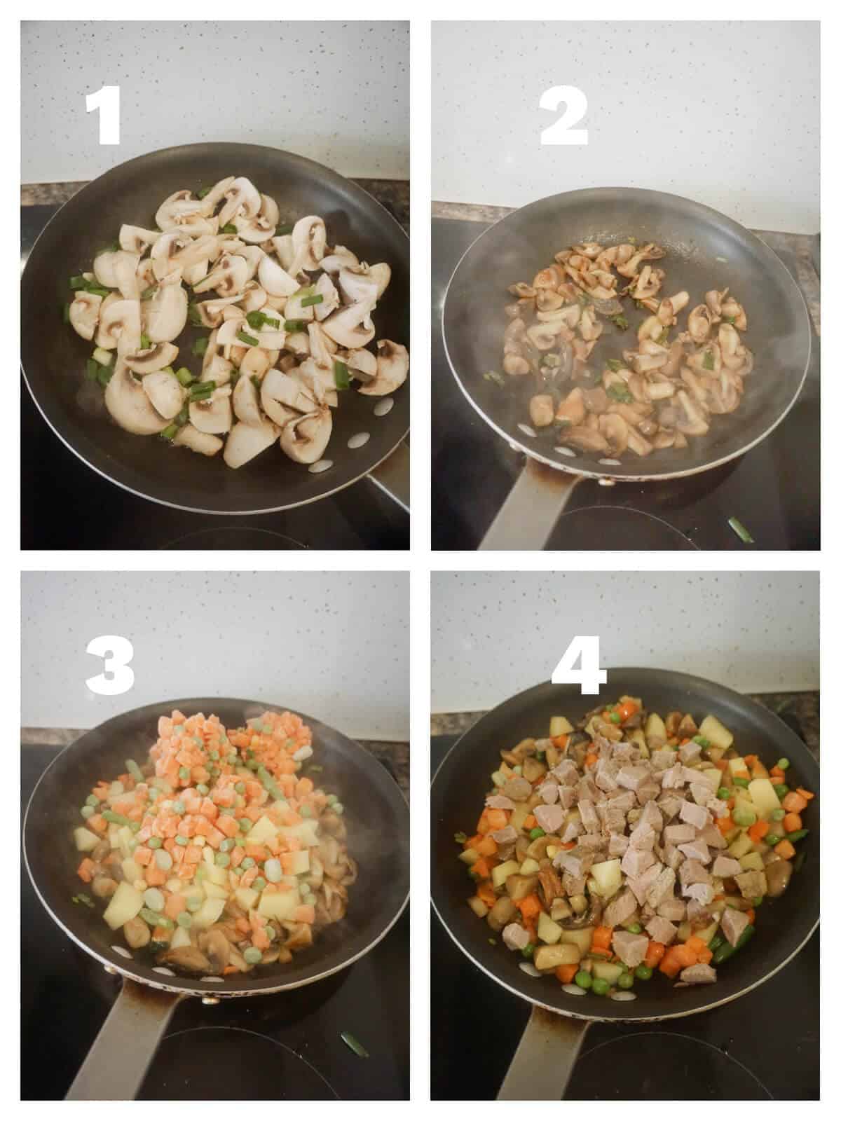 Collage of 4 photos to show how to make leftover roast beef pie.