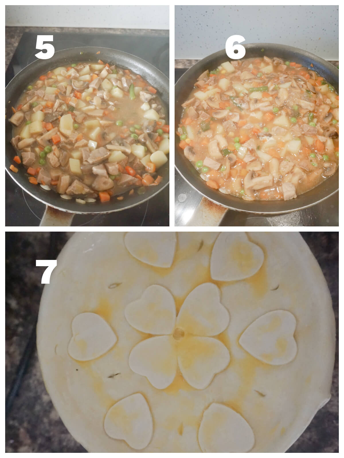 Collage of 3 photos to show how to assemble the beef pie.