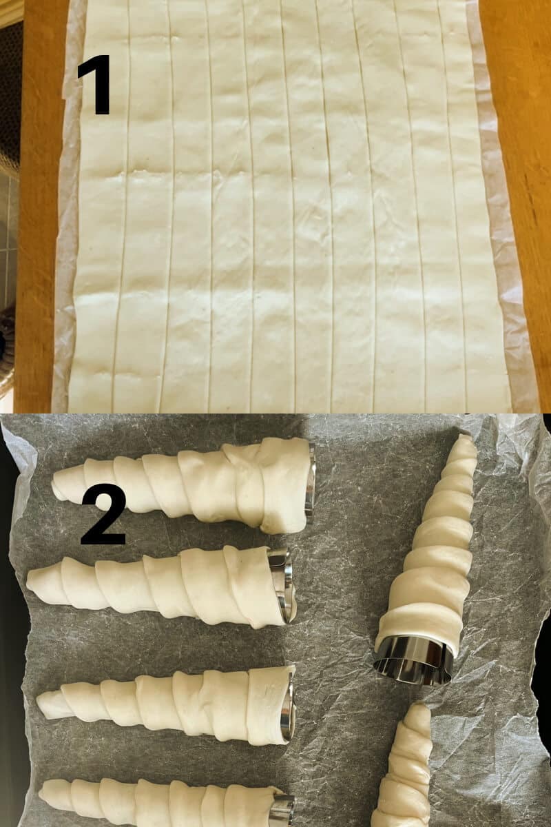 Collage of 2 photos to show how to make puff pastry horns.