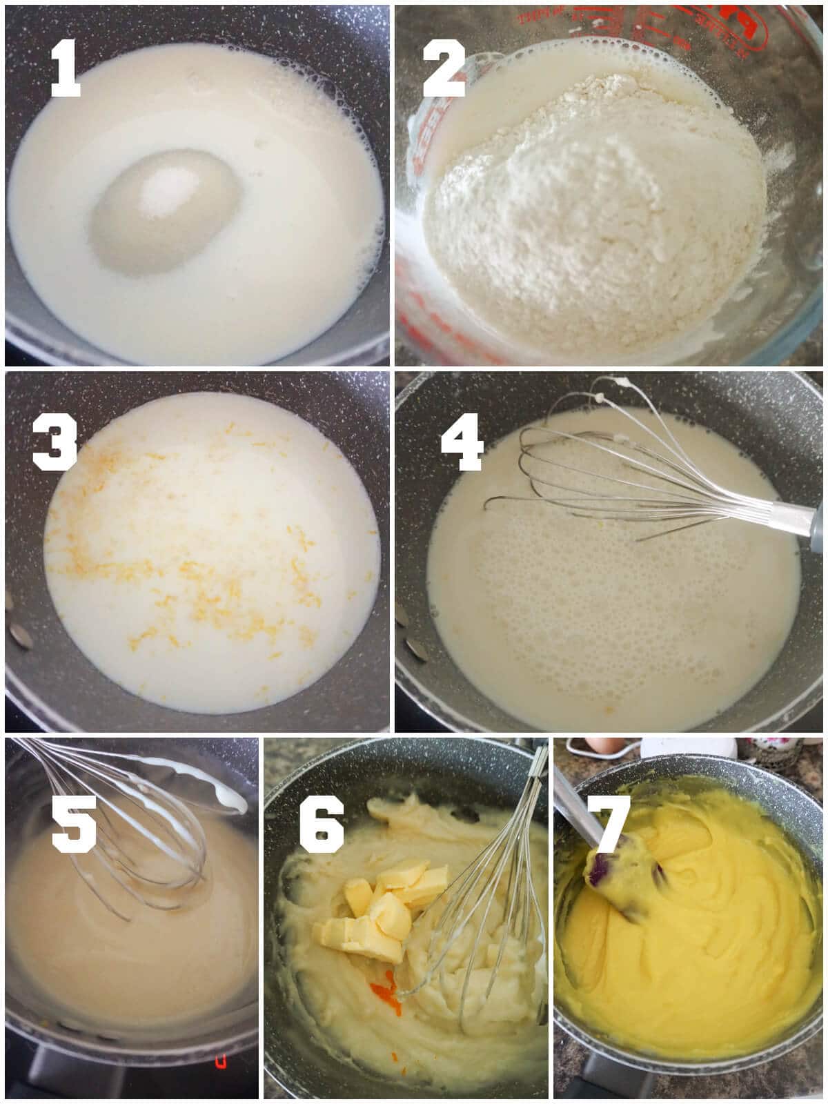 Collage of 7 photos to show how to make the lemon cream for the cream horns.