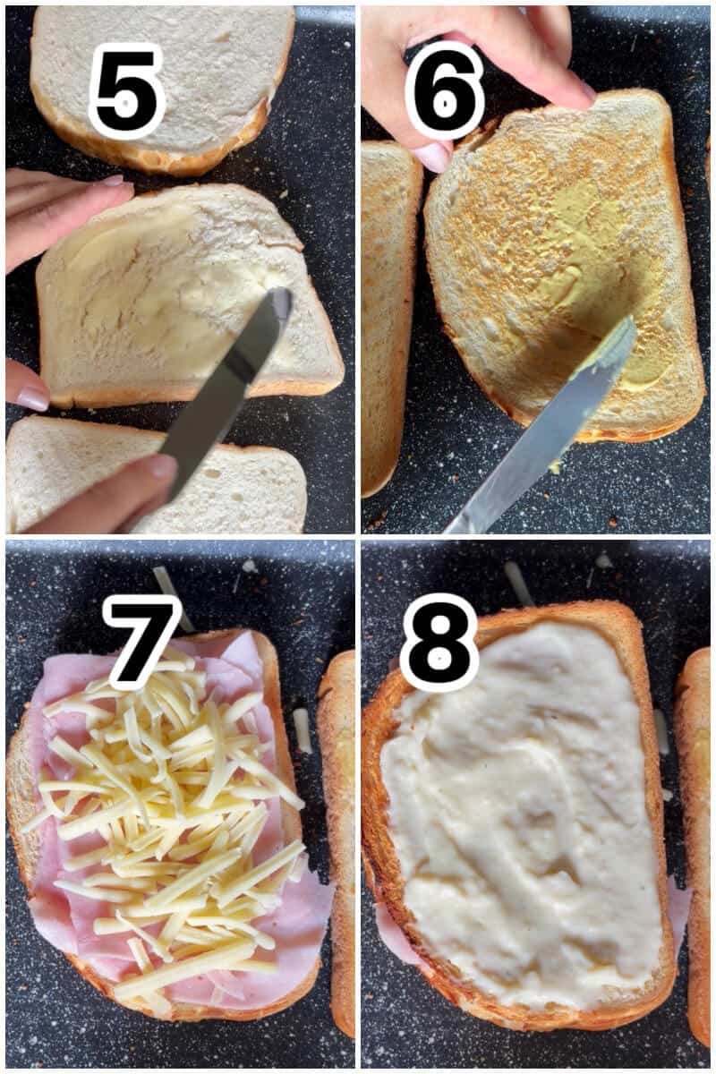 Collage of 4 photos to show how to make croque monsieur.