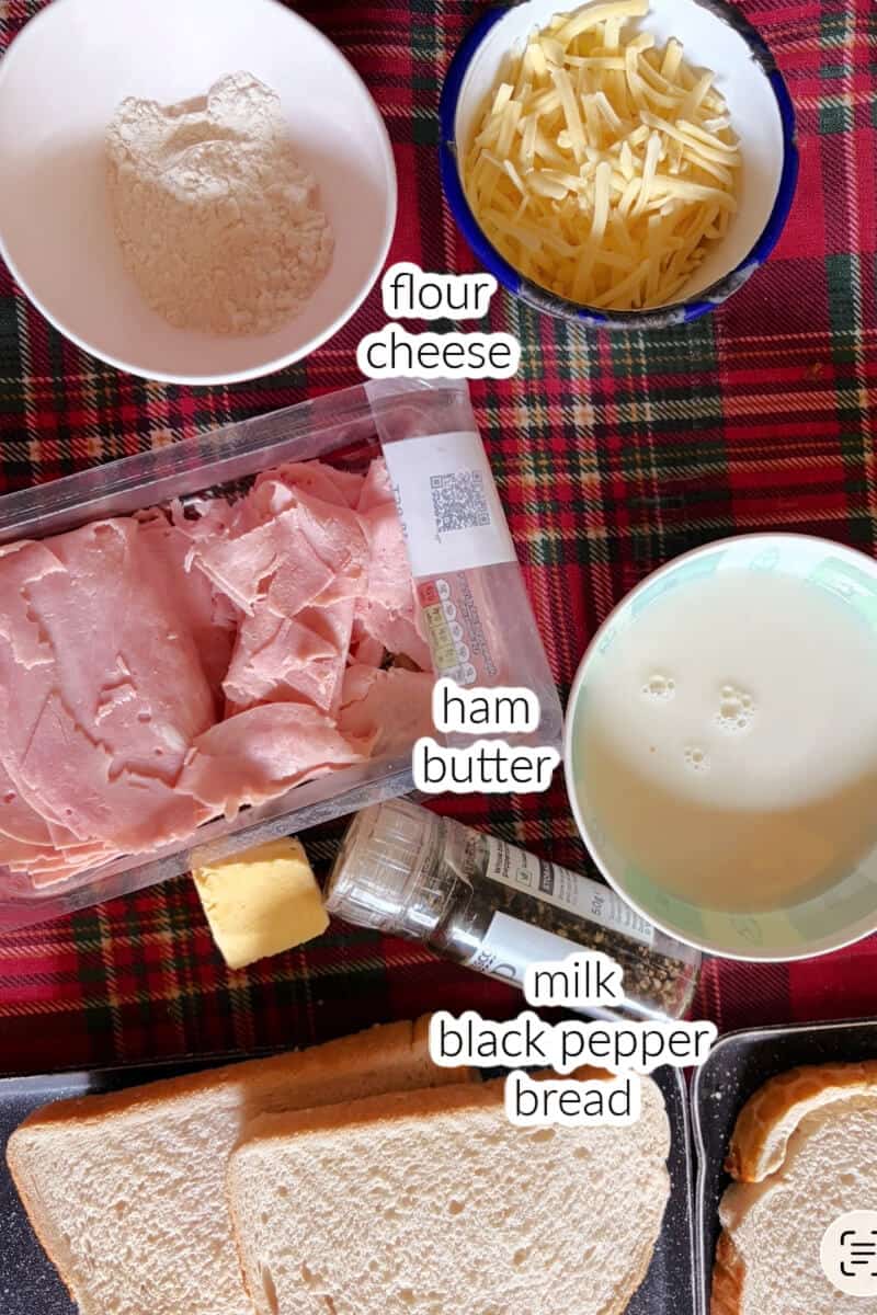 Ingredients displayed for making croque monsieur.