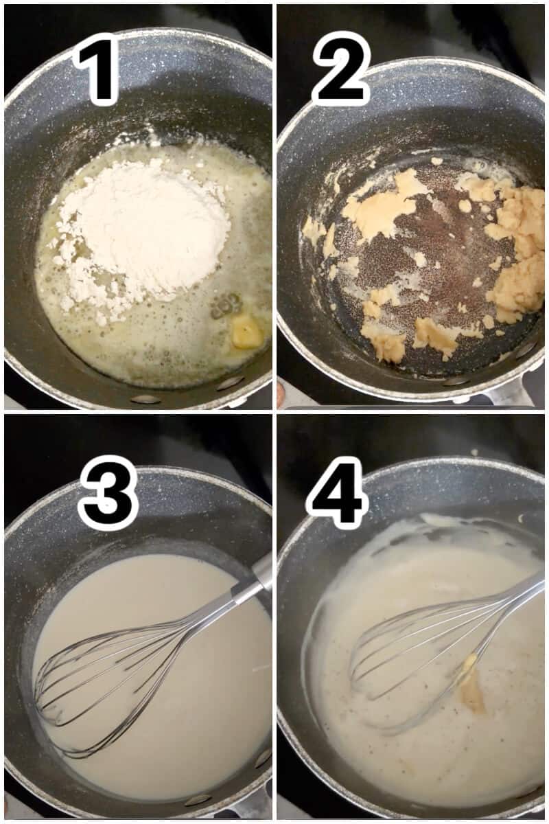 Collage of 4 photos to show how to make bechamel sauce.