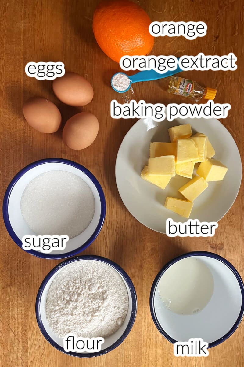 Ingredients used to make orange drizzle cake.