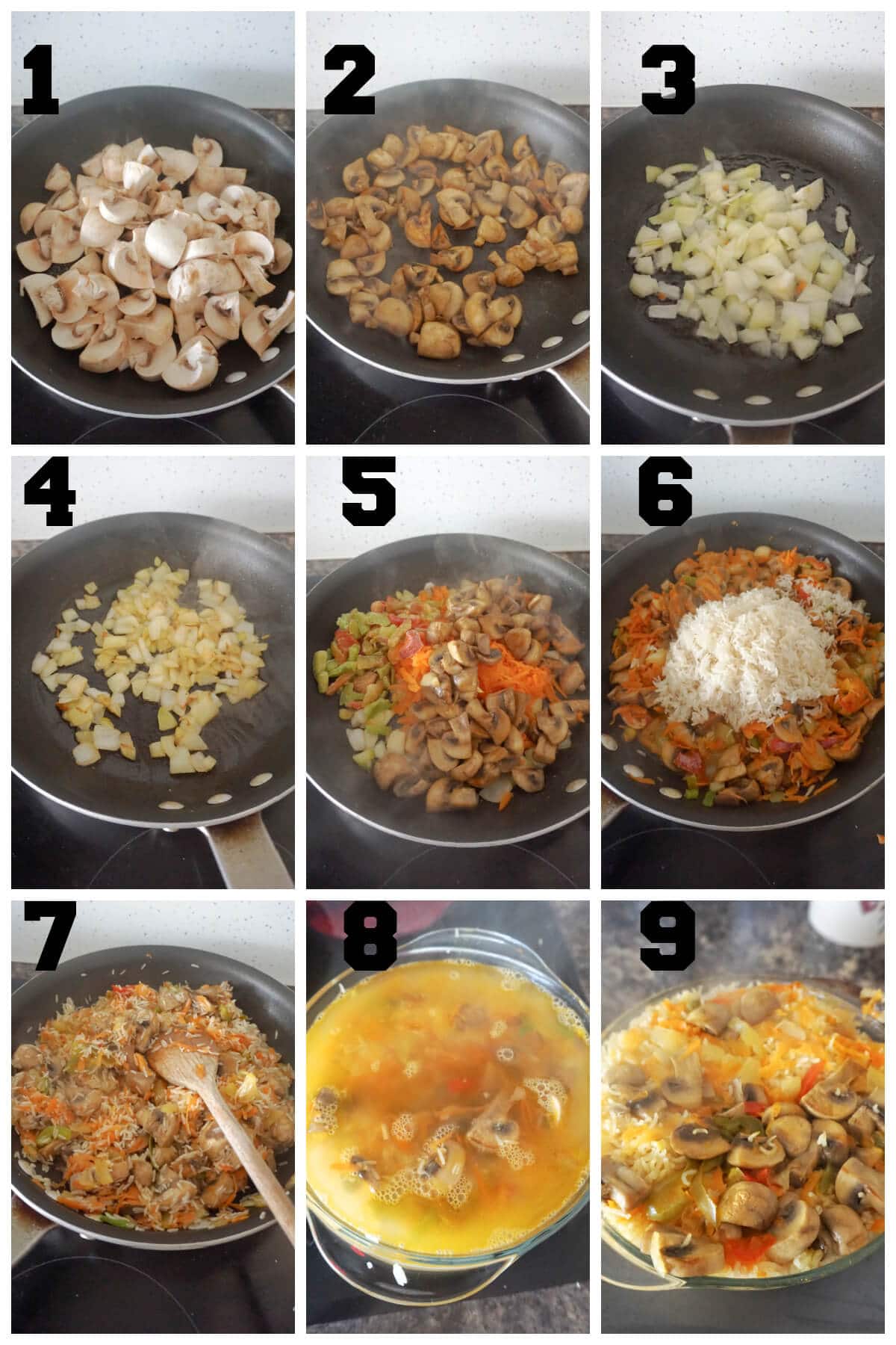 Collage of 9 photos to show how to bake rice with vegetables.