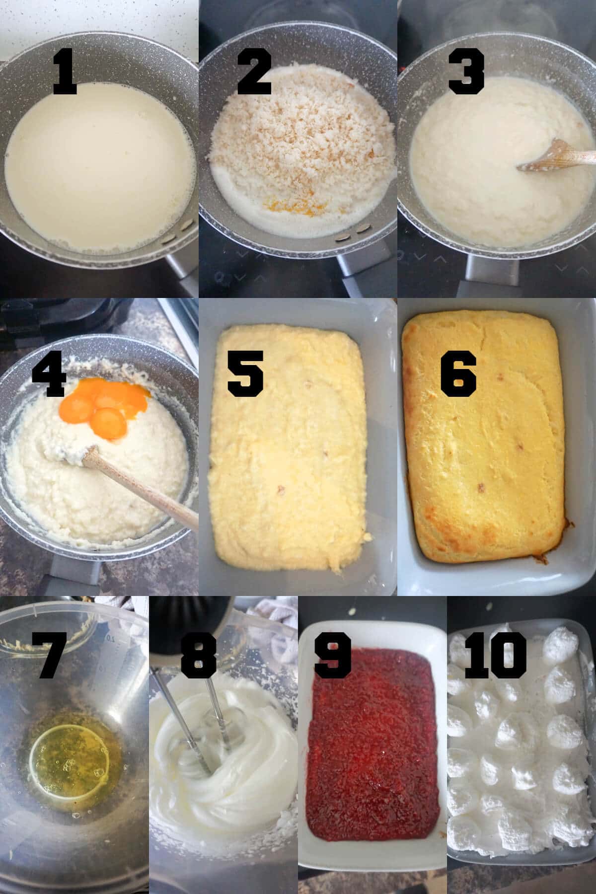 Collage of 10 pictures to show how to make queen of desserts