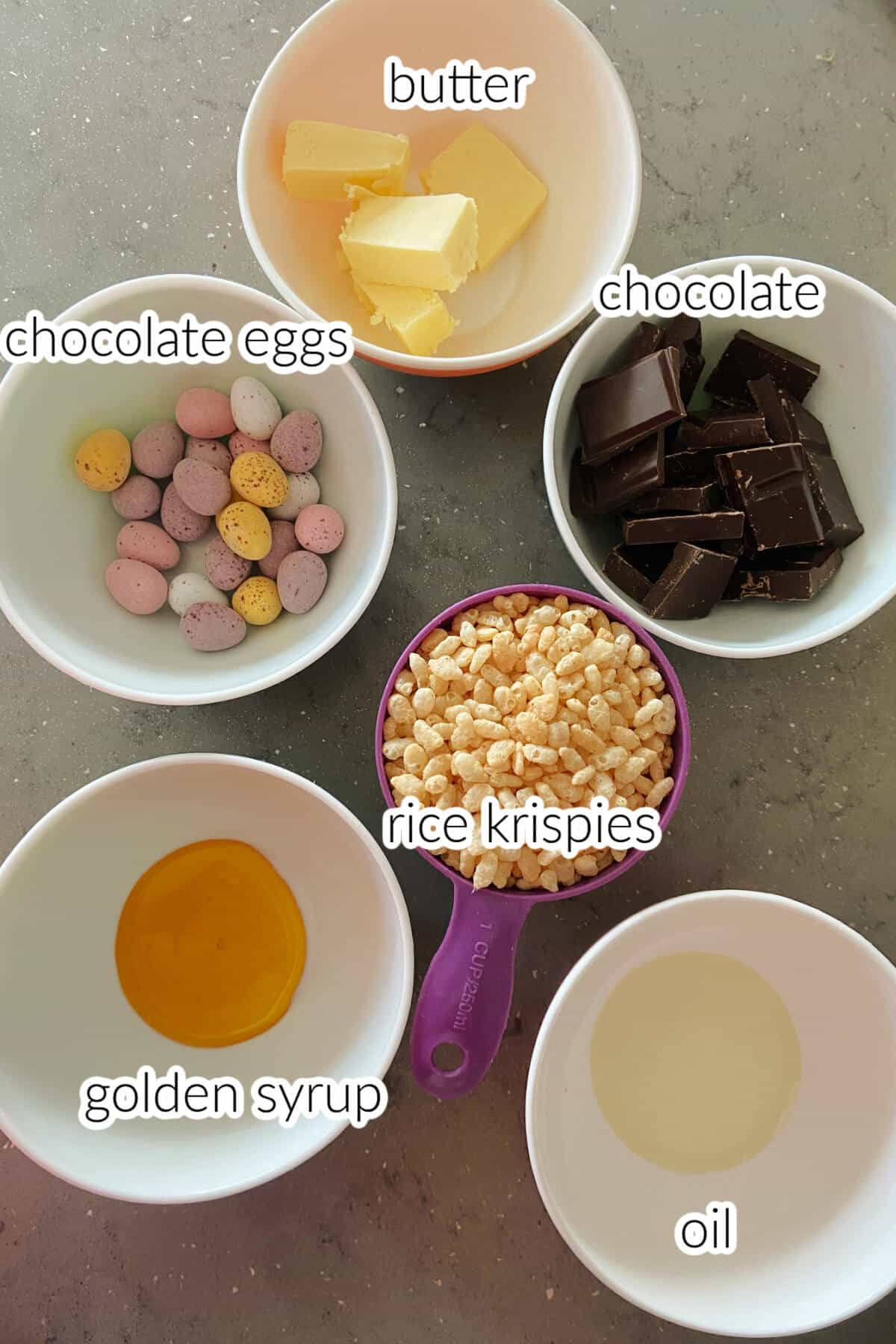 Ingredients needed to make rice krispie easter nests.