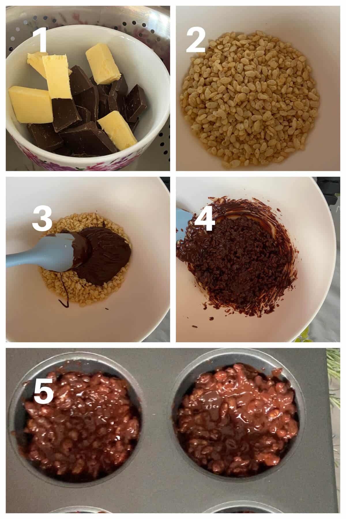 Collage of 5 photos to show how to make rice krispie nests.