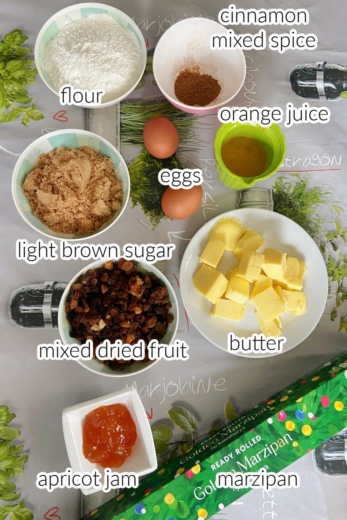 Ingredients needed to make simnel cupcakes.