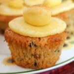 A simnel cupcake on a white plate