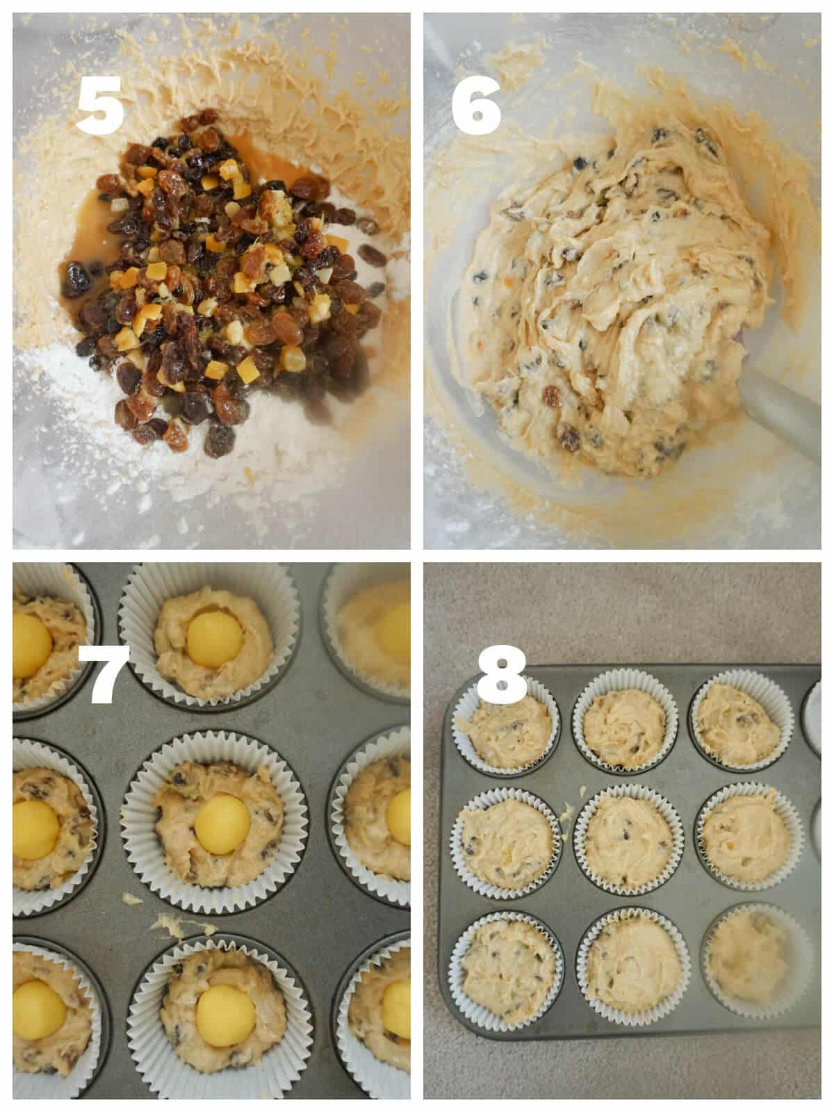 Collage of 4 photos to show how to make simnel cupcakes.