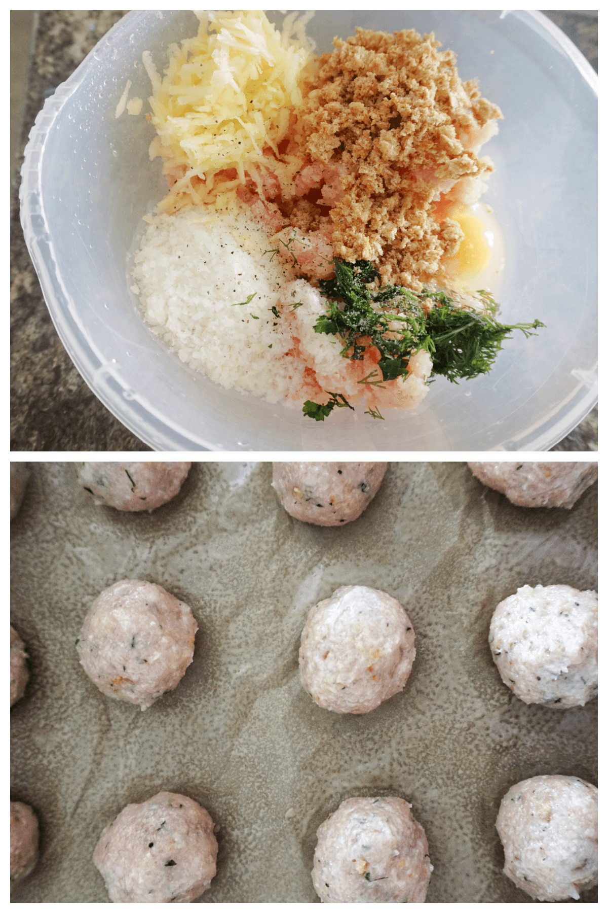 Collage of 2 pictures to show how to make chicken meatballs.