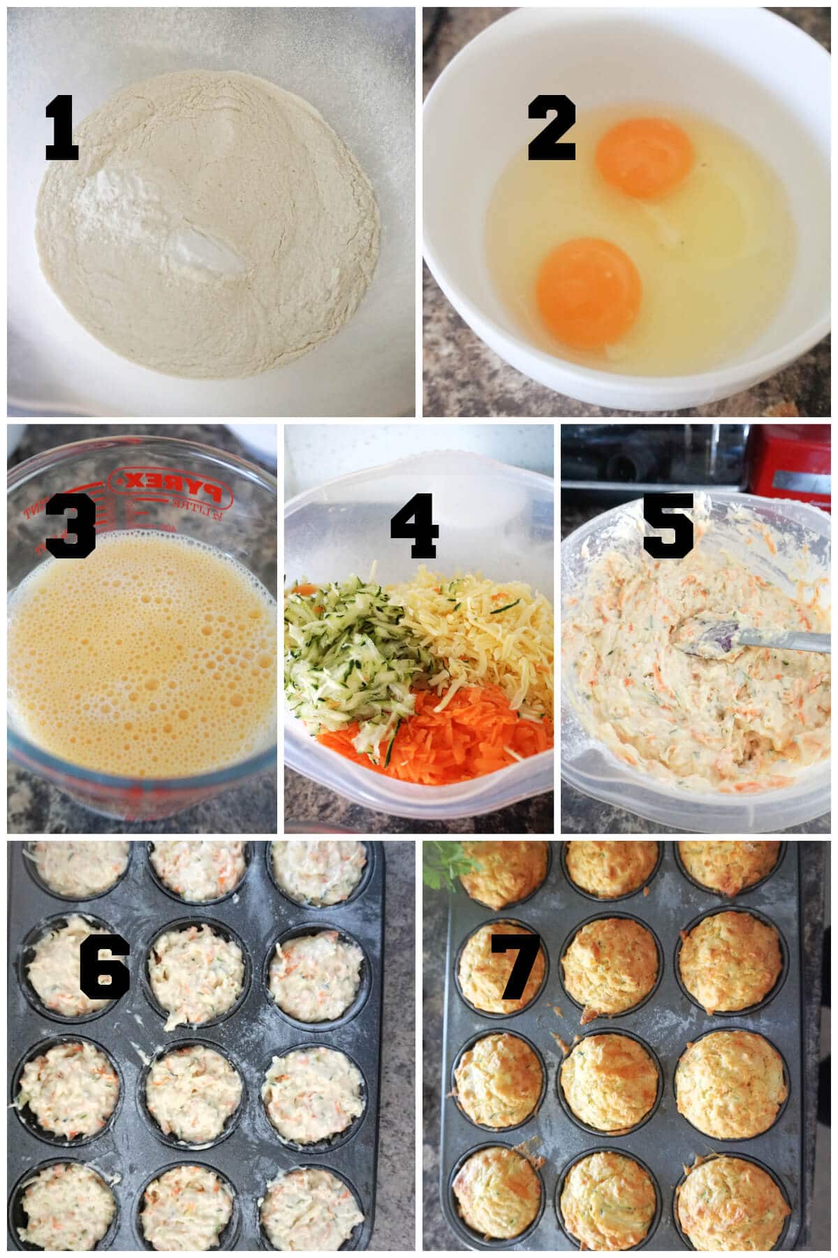 Collage of 7 photos to show how to make cheesy carrot and courgette muffins.