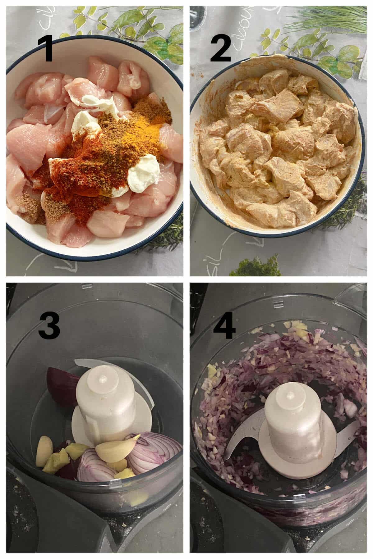 Collage of 4 photos to show how to make chicken korma.