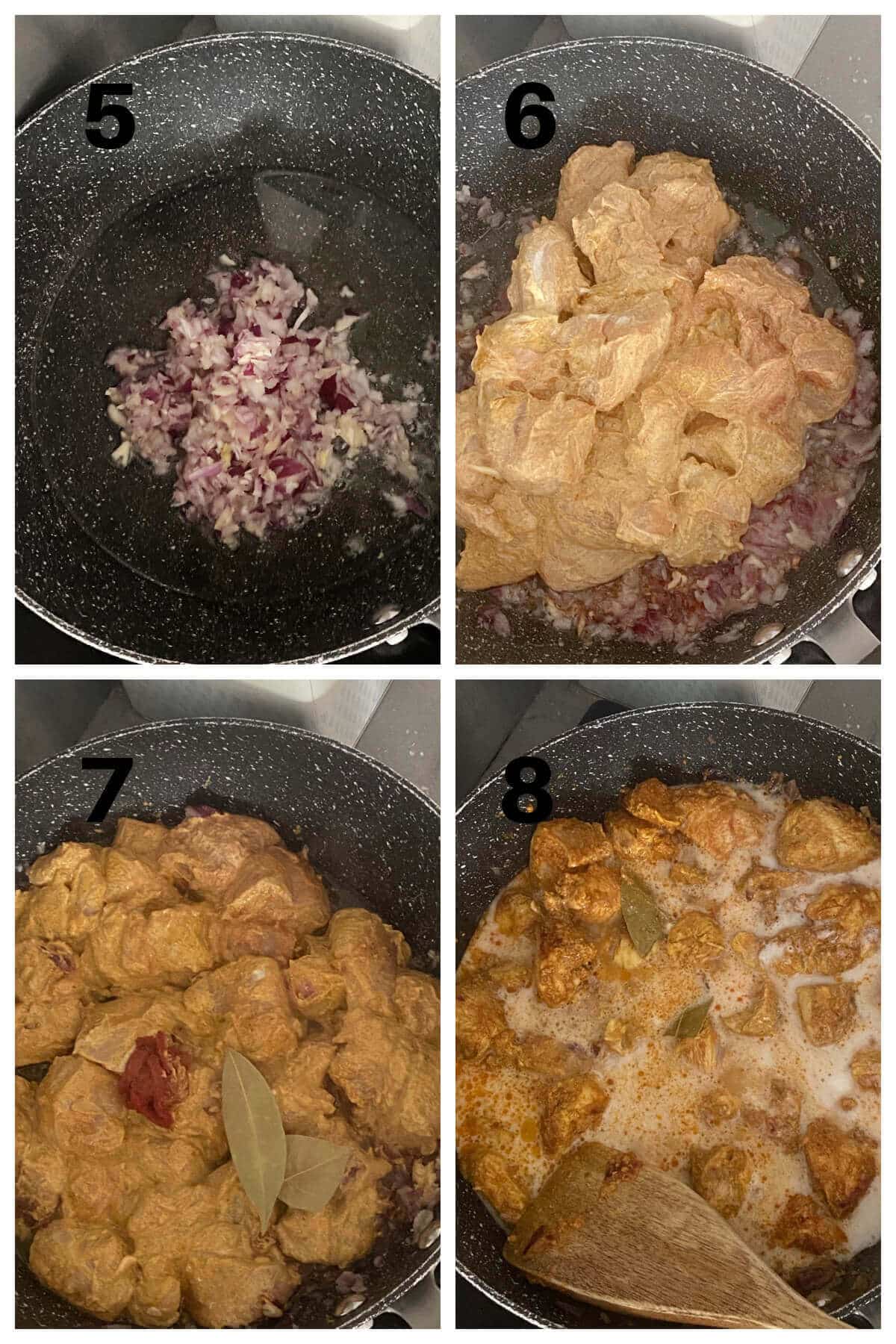 Collage of 4 photos to show how to cook chicken curry in coconut sauce.